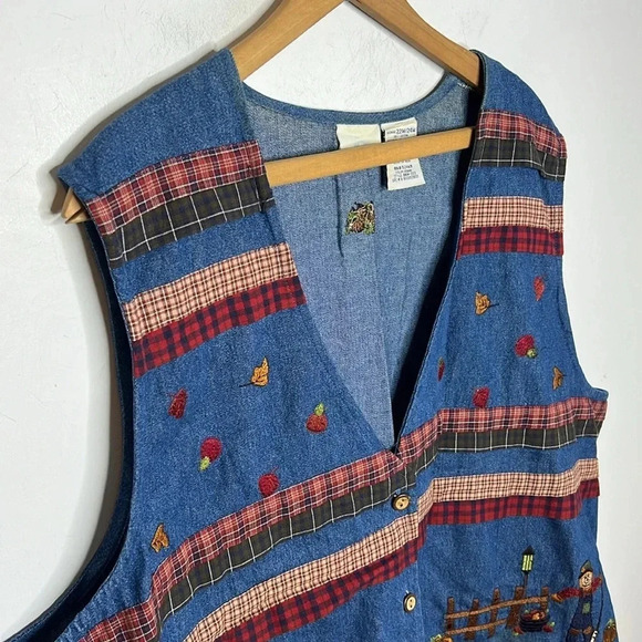 Bobbie Brooks Plus Size 22W 24W Denim Vest Scarecrow Pumpkin Fall Embroidered - Picture 3 of 10